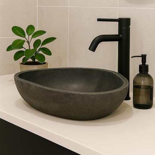 Szara owalna umywalka z kamienia rzecznego 60-70 cm