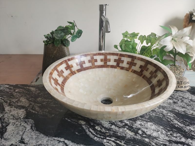 Mozaikowa umywalka z białego onyksu 43 cm