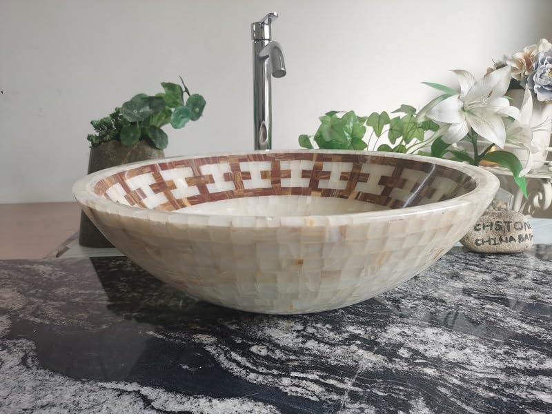 Mozaikowa umywalka z białego onyksu 43 cm